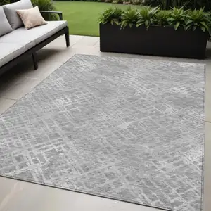 Photo of Gray And Silver Geometric Washable Indoor Outdoor Area Rug