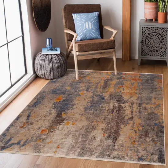 Gray Beige Blue And Yellow Abstract Power Loom Distressed Stain Resistant Area Rug Photo 6