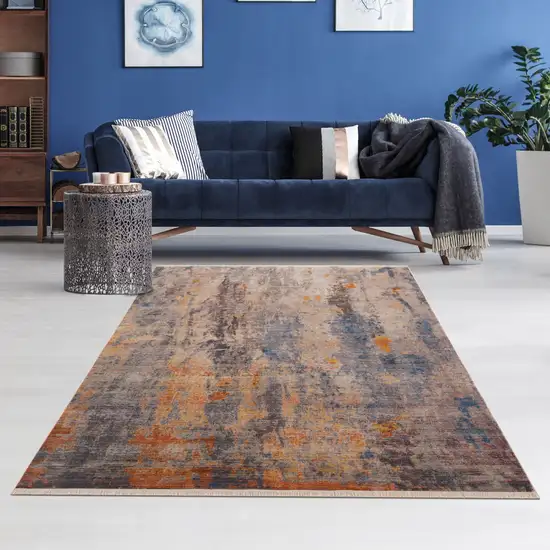 Gray Beige Blue And Yellow Abstract Power Loom Distressed Stain Resistant Area Rug Photo 7