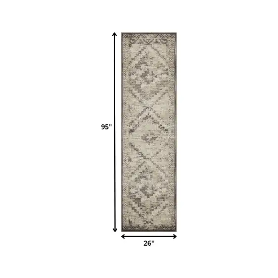 Gray Beige Distressed Diamond Runner Rug Photo 3