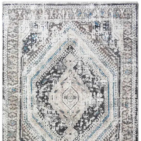 Gray Beige and Blue Geometric Distressed Area Rug With Fringe Photo 3