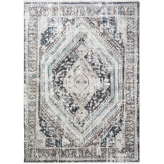 Gray Beige and Blue Geometric Distressed Area Rug With Fringe Photo 2