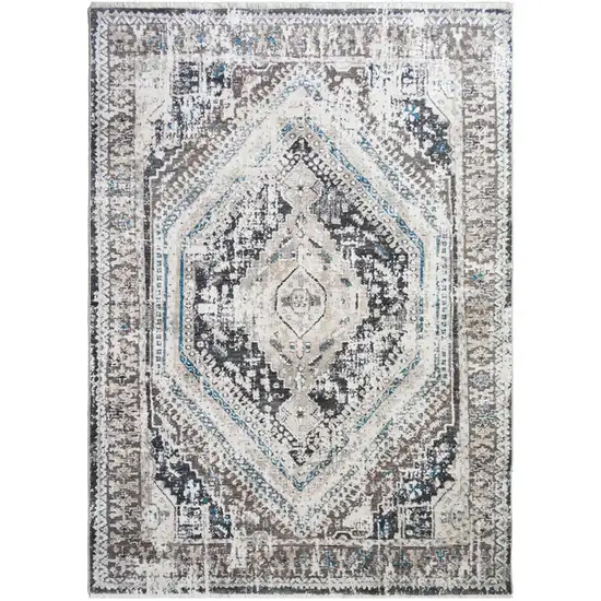 Gray Beige and Blue Geometric Distressed Area Rug With Fringe Photo 4