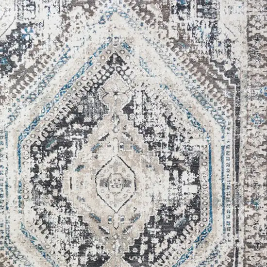 Gray Beige and Blue Geometric Distressed Area Rug With Fringe Photo 3