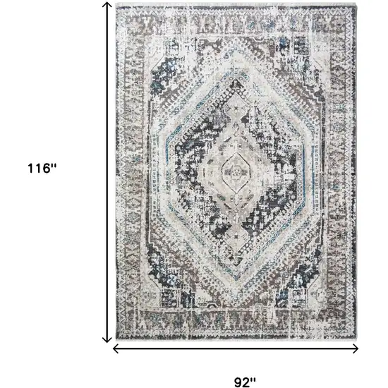 Gray Beige and Blue Geometric Distressed Area Rug With Fringe Photo 5