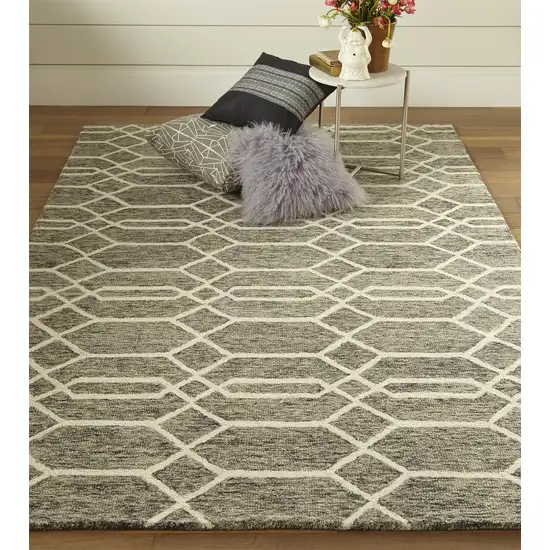 Gray Black And Ivory Wool Geometric Tufted Handmade Stain Resistant Area Rug Photo 8