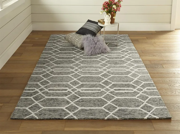 Gray Black And Ivory Wool Geometric Tufted Handmade Stain Resistant Area Rug Photo 5