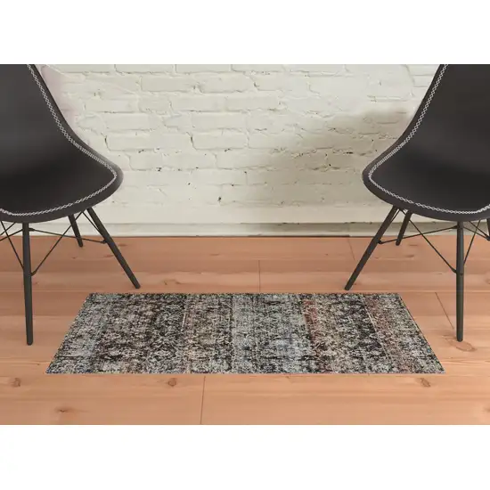 Gray Black And Red Abstract Distressed Area Rug With Fringe Photo 3