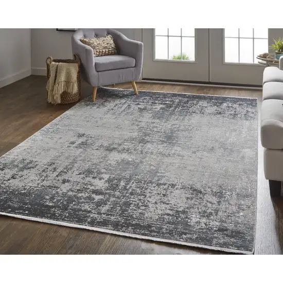 Gray Black And Silver Abstract Power Loom Distressed Area Rug With Fringe Photo 6