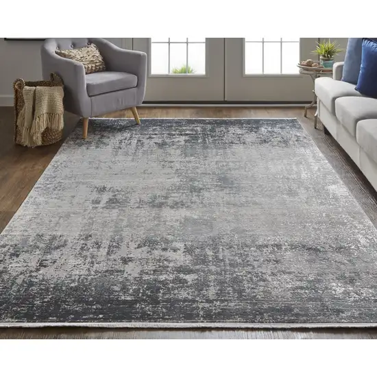 Gray Black And Silver Abstract Power Loom Distressed Area Rug With Fringe Photo 5