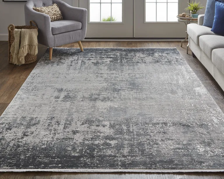 Gray Black And Silver Abstract Power Loom Distressed Area Rug With Fringe Photo 5