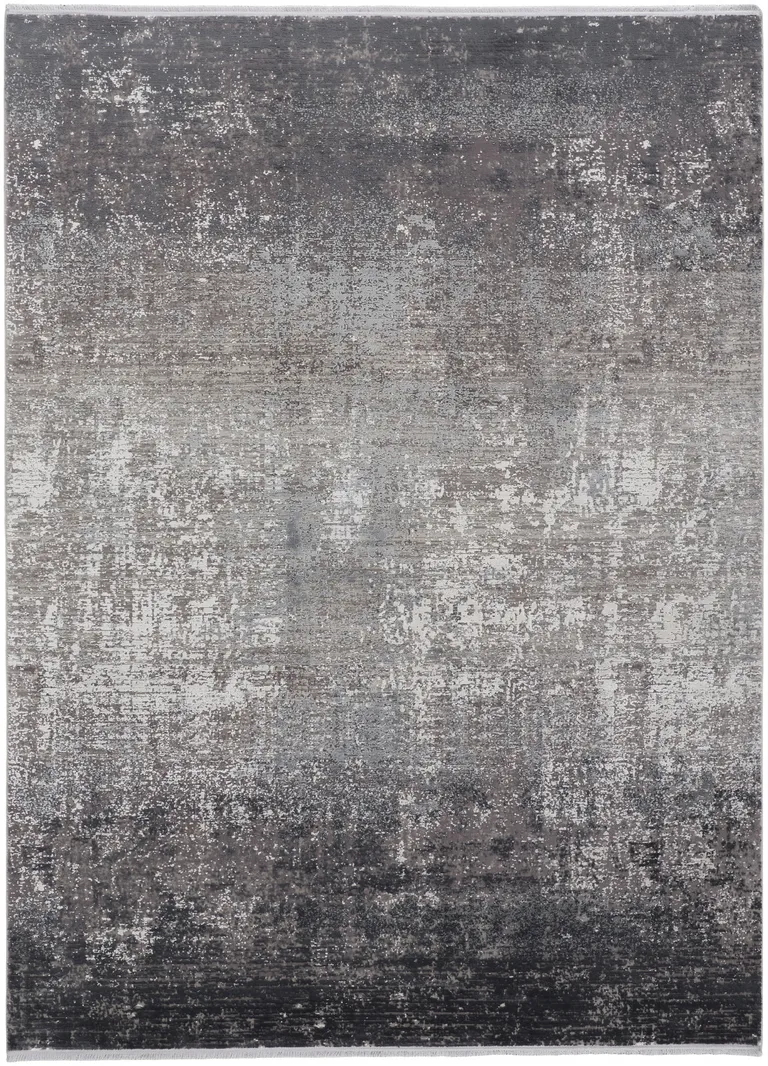 Gray Black And Silver Abstract Power Loom Distressed Area Rug With Fringe Photo 1