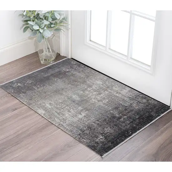 Gray and Black Abstract Power Loom Distressed Area Rug With Fringe Photo 1