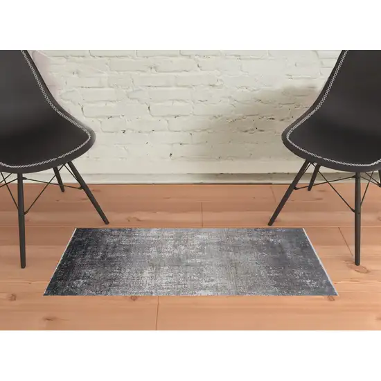 Gray Black And Silver Abstract Power Loom Distressed Area Rug With Fringe Photo 2