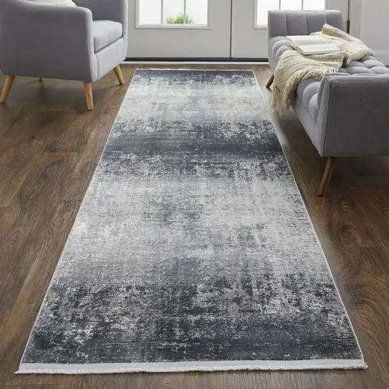 Gray Black And Silver Abstract Power Loom Distressed Runner Rug With Fringe Photo 4