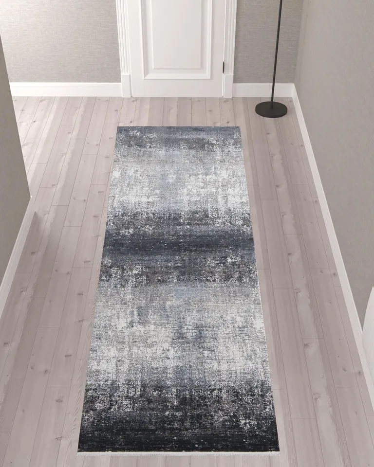 Gray Black And Silver Abstract Power Loom Distressed Runner Rug With Fringe Photo 2