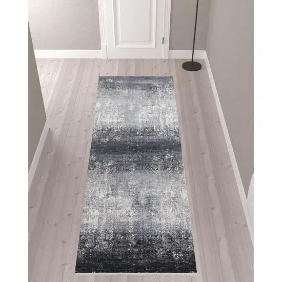 Gray Black And Silver Abstract Power Loom Distressed Runner Rug With Fringe Photo 2