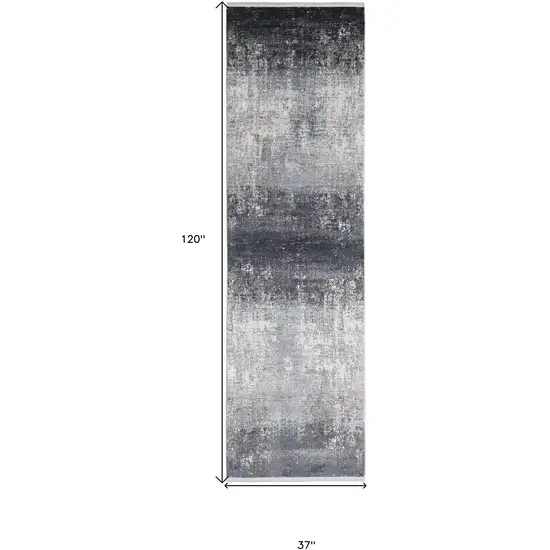 Gray Black And Silver Abstract Power Loom Distressed Runner Rug With Fringe Photo 7