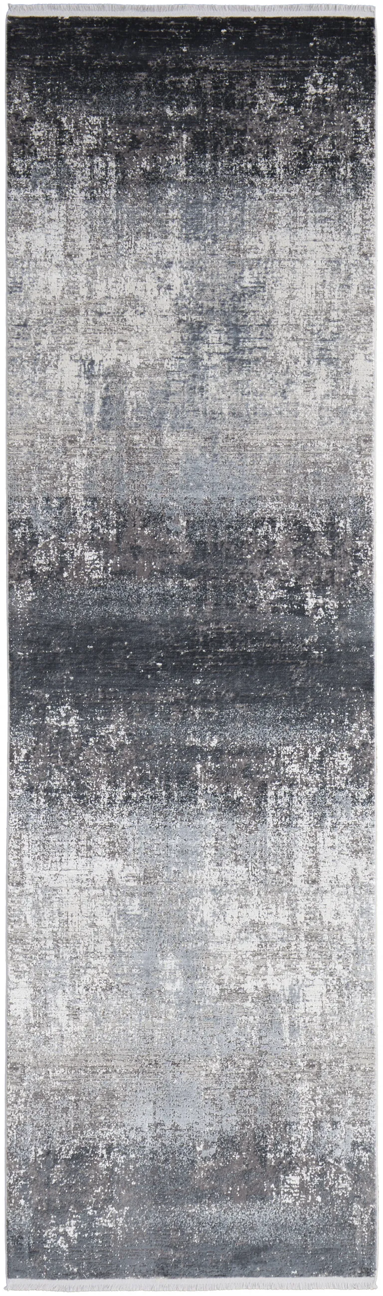 Gray Black And Silver Abstract Power Loom Distressed Runner Rug With Fringe Photo 1