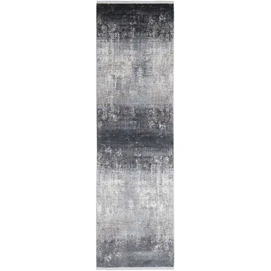 Gray Black And Silver Abstract Power Loom Distressed Runner Rug With Fringe Photo 1