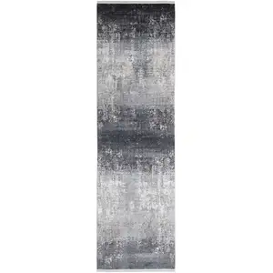 Photo of Gray Black And Silver Abstract Power Loom Distressed Runner Rug With Fringe