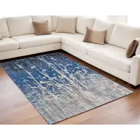 Photo of Gray Black and Blue Abstract Power Loom Worn Faded Area Rug