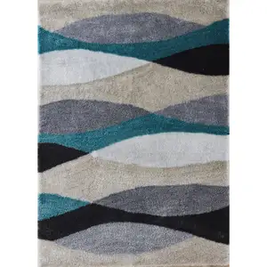 Photo of Gray Black and Blue Shag Hand Tufted Area Rug