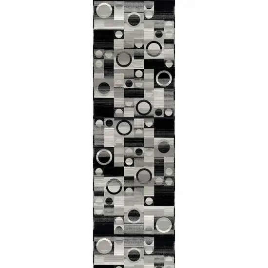 10' Black Gray and White Geometric Power Loom Distressed Runner Rug Photo 1