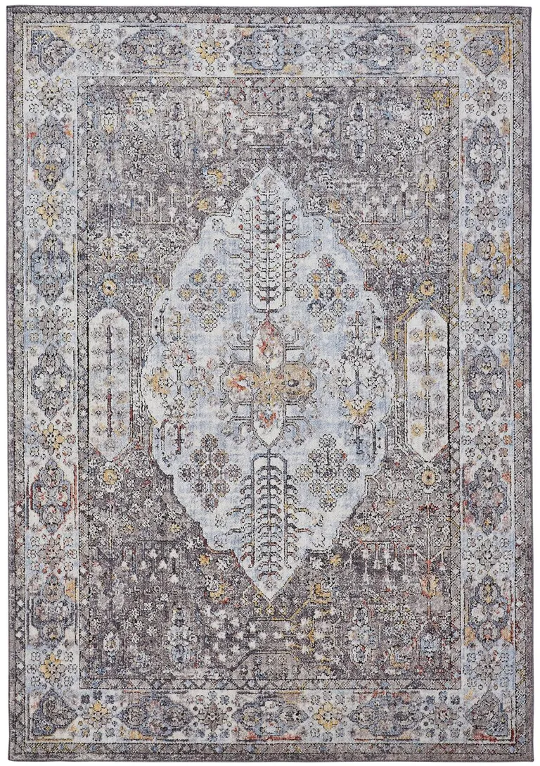 Gray Blue And Gold Floral Stain Resistant Area Rug Photo 1