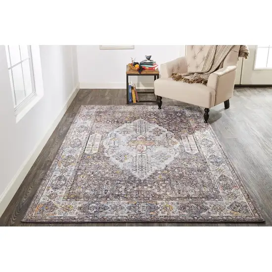 Gray Blue And Gold Floral Stain Resistant Area Rug Photo 9