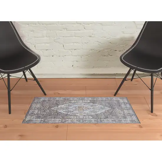 Gray Blue And Gold Floral Stain Resistant Area Rug Photo 5