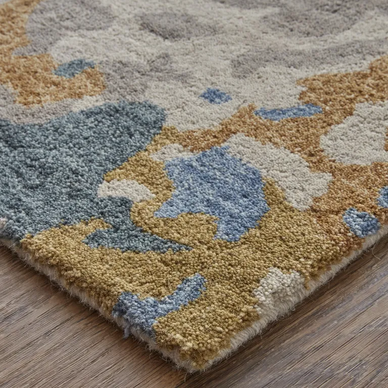 Gray Blue And Gold Wool Abstract Tufted Handmade Stain Resistant Area Rug Photo 3