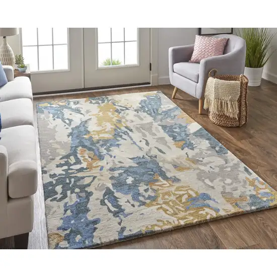 Gray Blue And Gold Wool Abstract Tufted Handmade Stain Resistant Area Rug Photo 7