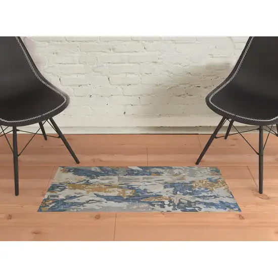 Gray Blue And Gold Wool Abstract Tufted Handmade Stain Resistant Area Rug Photo 2