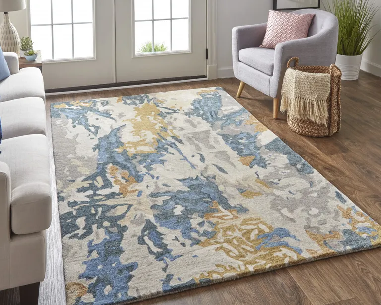 Gray Blue And Gold Wool Abstract Tufted Handmade Stain Resistant Area Rug Photo 5