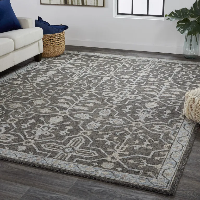 Gray Blue And Ivory Wool Floral Tufted Handmade Stain Resistant Area Rug Photo 2