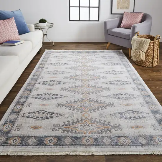 Gray Blue And Orange Floral Stain Resistant Area Rug Photo 7