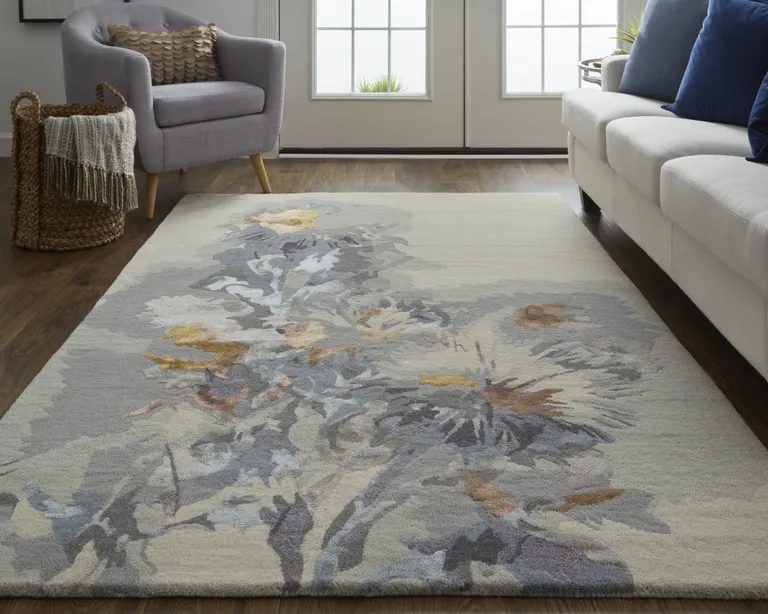 Gray Blue And Orange Wool Floral Tufted Handmade Area Rug Photo 5