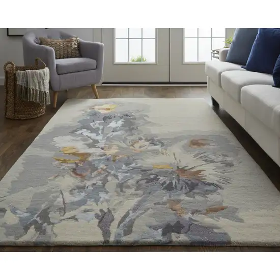 Gray Blue And Orange Wool Floral Tufted Handmade Area Rug Photo 5