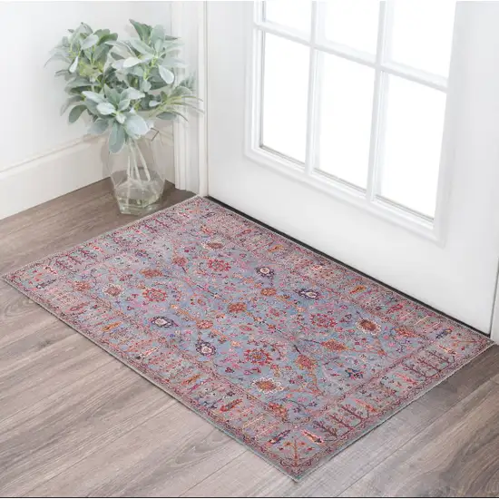 Gray Blue And Red Floral Power Loom Area Rug Photo 1