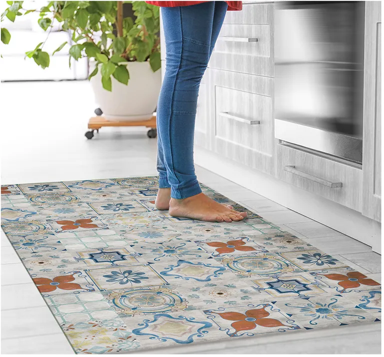 Gray Blue And Rust Mosaic Tile Printed Vinyl Area Rug With UV Protection Photo 4