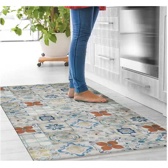 Gray Blue And Rust Mosaic Tile Printed Vinyl Area Rug With UV Protection Photo 4