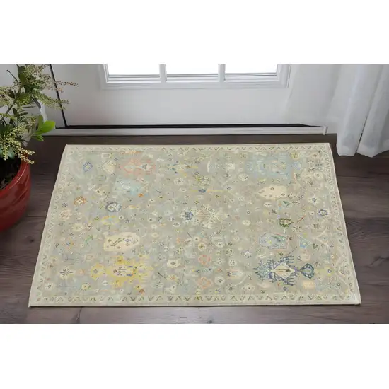 Gray Blue And Yellow Wool Oriental Hand Knotted Area Rug With Fringe Photo 1