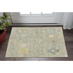 Photo of Gray Blue And Yellow Wool Oriental Hand Knotted Area Rug With Fringe