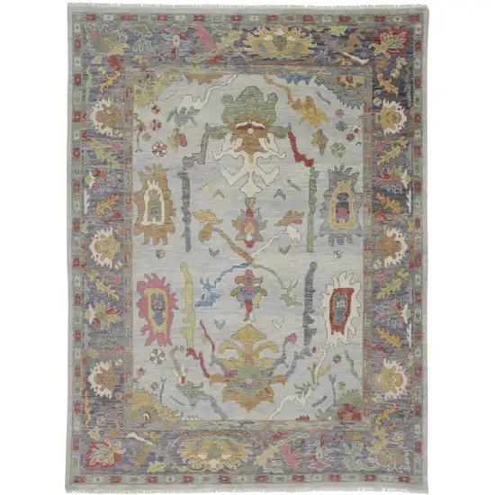 Gray Blue and Gold Wool Oriental Hand Knotted Area Rug With Fringe Photo 2