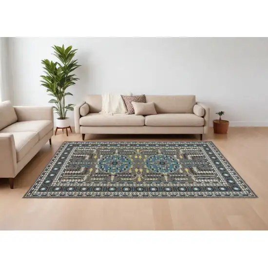 Gray Blue and Green Oriental Power Loom Area Rug Photo 1