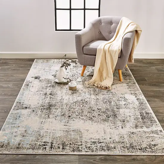 Gray Blue and Ivory Abstract Power Loom Worn Faded Area Rug Photo 8