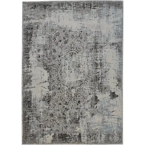 Gray Blue and Ivory Abstract Power Loom Worn Faded Area Rug Photo 3