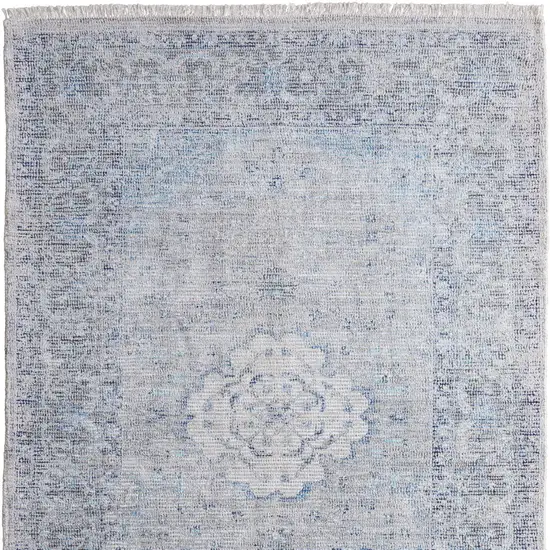 Gray Blue and Ivory Oriental Hand Woven Distressed Area Rug With Fringe Photo 5