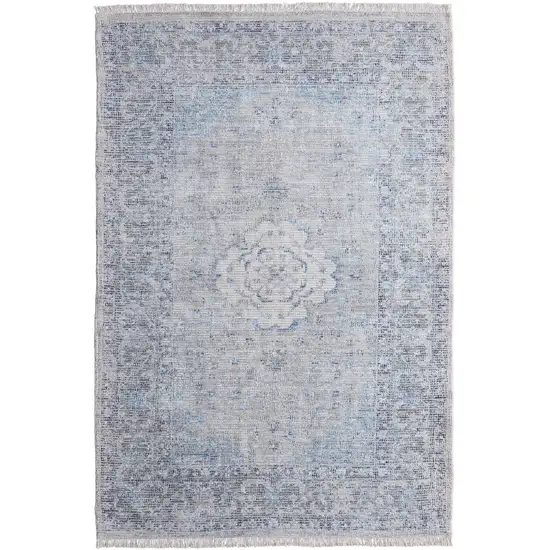 Gray Blue and Ivory Oriental Hand Woven Distressed Area Rug With Fringe Photo 4